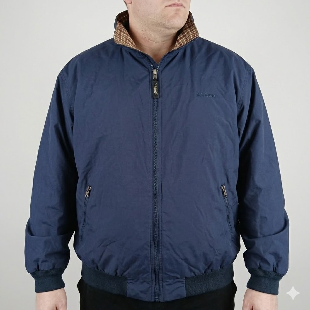 L.L. Bean Bomber Jacket Plaid Lined Warm Windbreaker Navy Size XXL